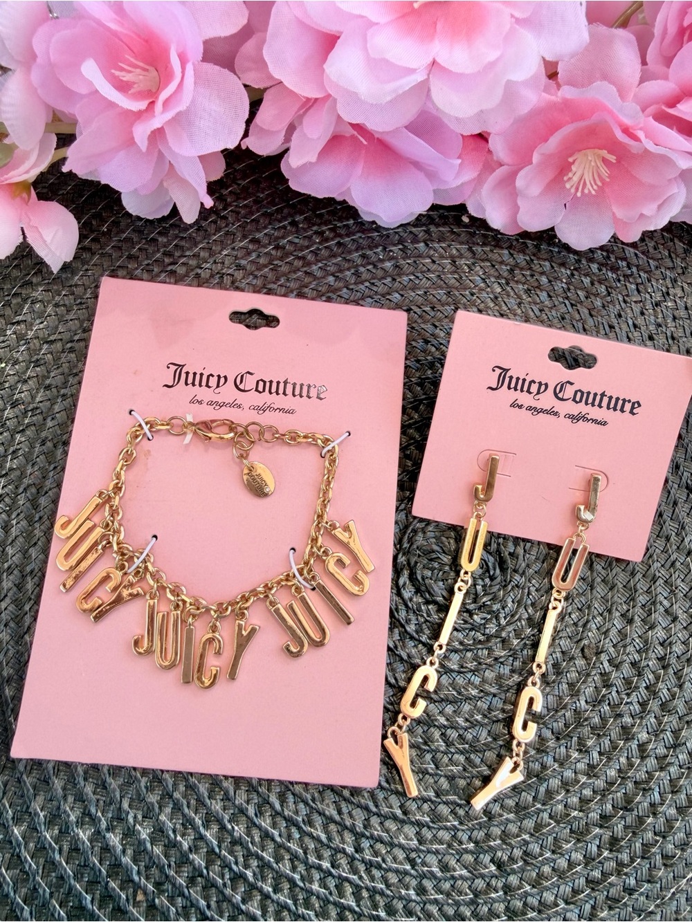 Juicy Couture Gold Logo Charm Bracelet and Dangle Earrings Set
